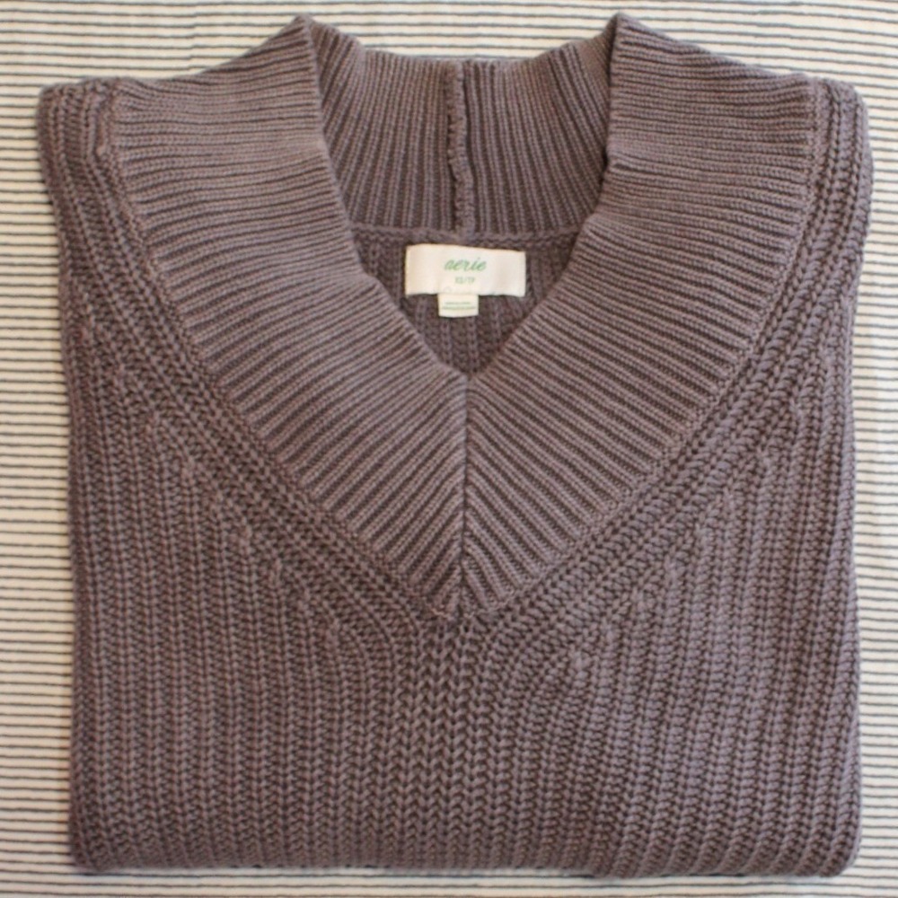 Aerie $70 XS‎ Gray Chunky Knit V-Neck Oversized Cozy Comfort Pullover Sweater